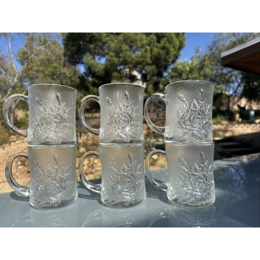Vintage Pasari Livia Clear Frosted Embossed Rose Pattern Glass Mugs Set of 6‎
